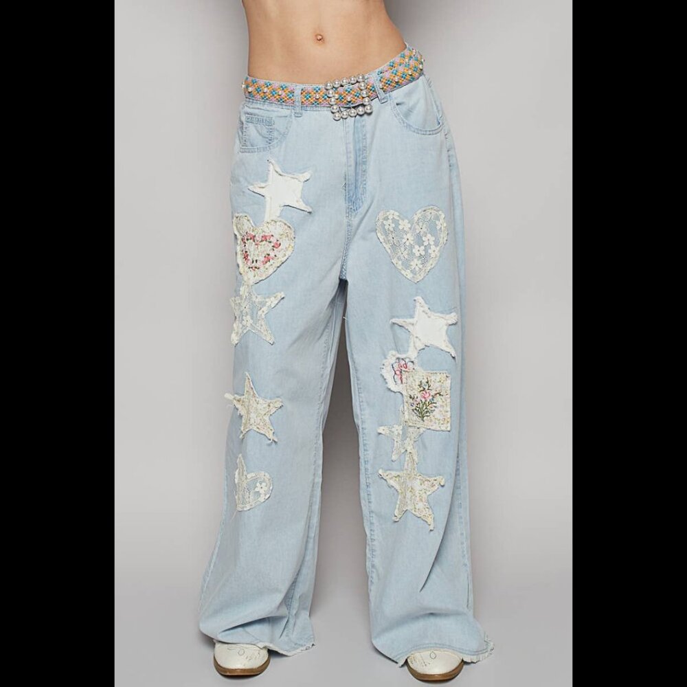 🆕Pol Star Heart Lace Patchwork Blue Denim Wide Leg Pants Size Medium